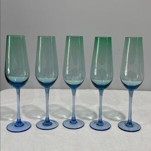 BLOCK Festival Mouthblown Green Blue Champagne Flutes set of 5 duo-tone glass